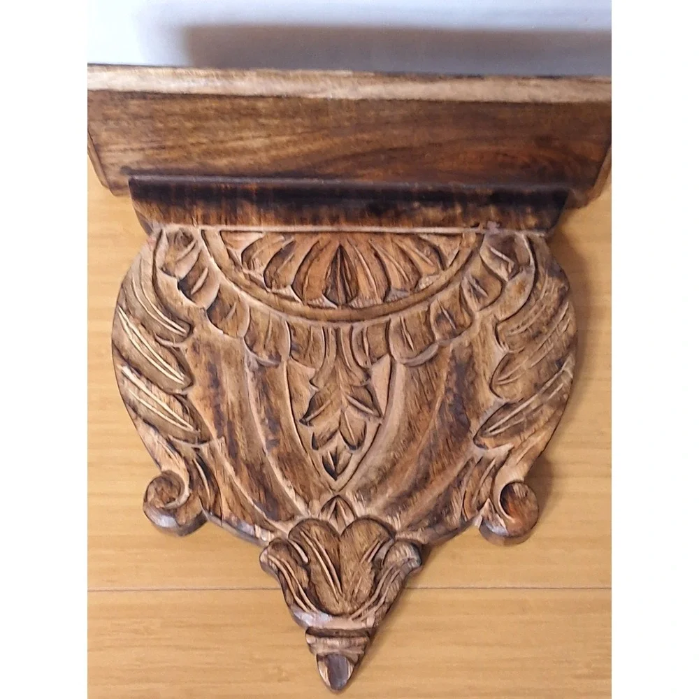 Vintage 1970s Indian Hand Carved Wood Floating Wall Shelf